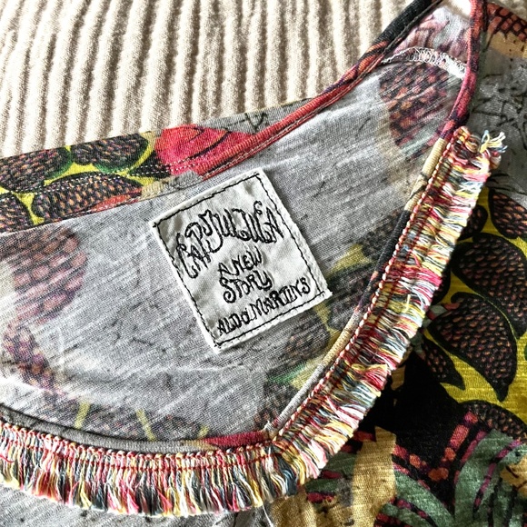 Anthropologie Cap Juluca Aldo Martins Artsy Floral Print Fringe V-neck Tee US 6 - Picture 4 of 10